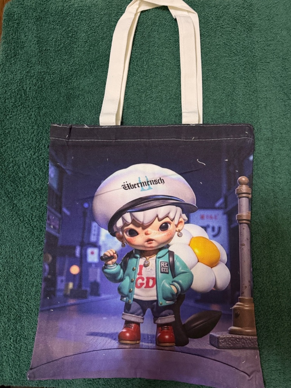 Cute Character Tote Bag with White Handles - Teal, Red, White, Yellow
